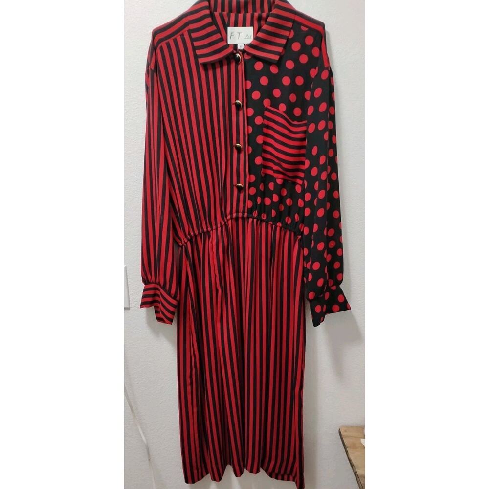 Vtg 70's Unique fit-and-flare Dress vertical stripes and the other polka dots 16